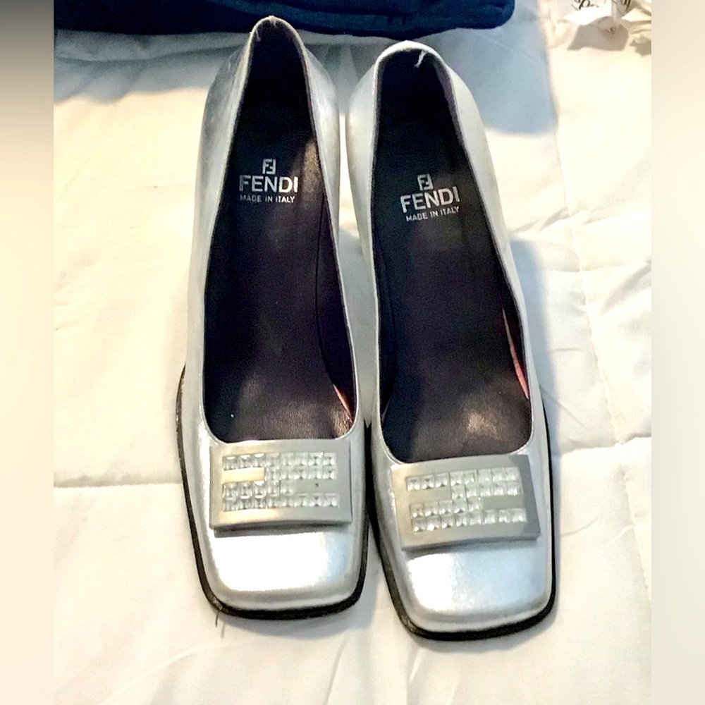 FENDI silver heels with diamond studded Logo